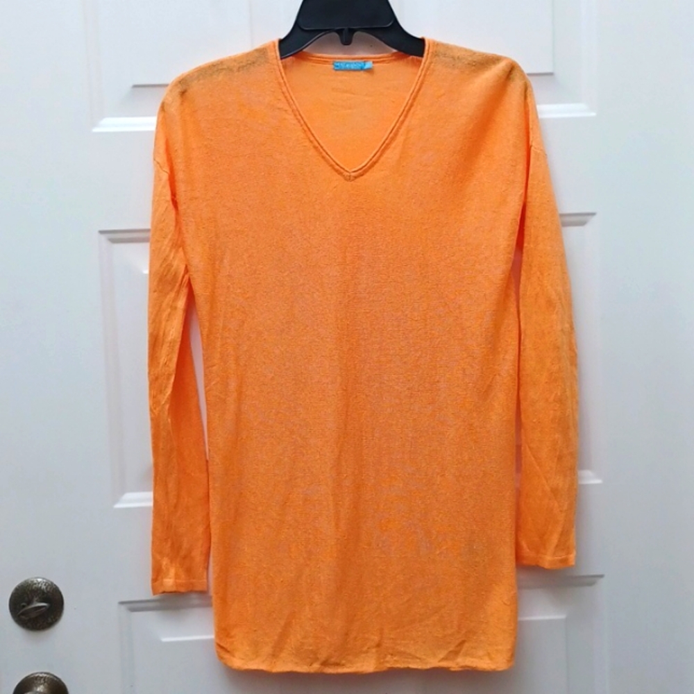 J. McLaughlin tangerine orange linen v neck LS sweater shirt top blouse sz XS